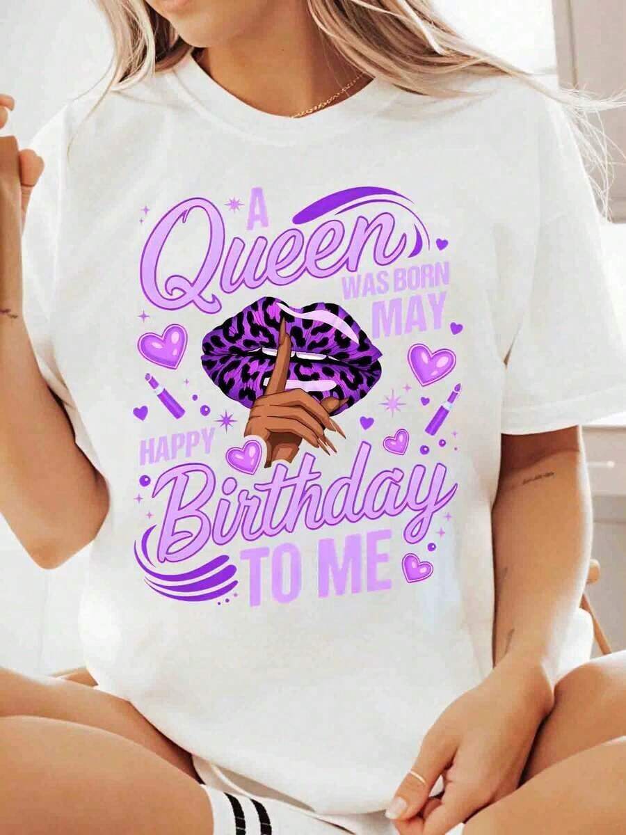 Women's Cotton T-Shirts, "A Queen Was Born In May, Happy Birthday To Me", Women's T-Shirt, Birthday Gift, Purple Lipstick Design, Cute And Fun Birthday T-Shirt, Women's Basic Blouses - 白色 - 查看 1