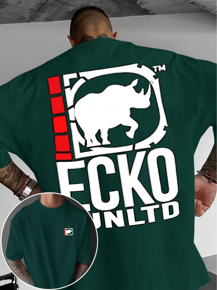 A Short-Sleeved T-Shirt With A "Rhino" Print And A Round Neck, Ideal For Summer. It's A Must-Have For Travel, Dates, Beach Outings, And Vacations, Making It A Perfect Gift For Dad Or A Boyfriend On Special Occasions. - 深綠色 - 查看 1
