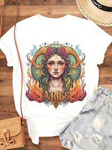 Women's Cotton T-Shirts With The Zodiac Sign Aries, Women's T-Shirt With Astronomical Art And Graphic Of Flaming Hair And Rose Crown For Spring And Summer Fashion, Gift For Birthdays Or Festivals, Basic Women's Blouses. - 白色 - 查看 3
