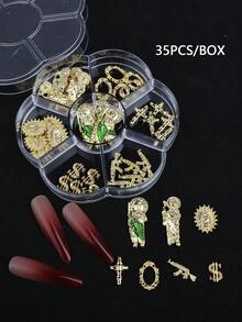 7格35件套美甲飾品盒，包含美金符號、十字、數字圖案等多款設計及免鑽孔美甲裝飾，滿足日常美甲風格需求，簡約奢華歐美風，3D簡約多用途DIY美甲飾品，時尚百搭Y2K美甲配件，適用多種場合，美甲飾品 - 彩色 - 查看 9