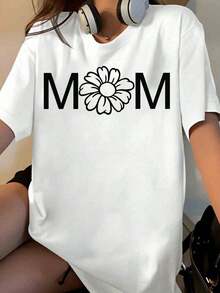 Women's Floral Print "Mom" T-Shirt, Casual Summer Top With Daisy Design, Comfortable Cotton T-Shirt For Mother's Day Gift [Suitable For Leisure And Sports Occasions] - 白色 - 查看 7