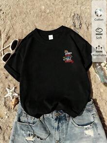 New Summer Casual Spring/Summer Arrivals For Women 2026: Spring/Summer T-Shirts, Girls' T-Shirts, White Tops, Women's Spring/Summer Clothing, Printed T-Shirts, Printed Tops, Cotton Tops, High-Quality T-Shirts, Blue T-Shirts, Retro Style, Preppy Style, Cute Style, Urban Style, Gen Z, Millennial Style, Y2K, Punk Style, Distressed Style, Minimalist Style, Simple Style, Casual Style, Everyday Style, Vacation Style, Fun Prints - Vintage Street Style Unisex Loose Cotton Short Sleeve Crew Neck T-Shirt - 黑色 - 查看 3