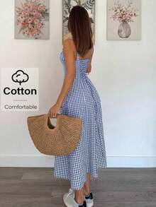 Vestido a media pantorrilla con tirantes a cuadros para mujeres, de moda y apropiado para el verano - Azul y blanco - Ver 4