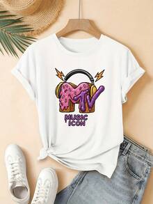 Short-Sleeved T-Shirt With A Crew Neck, Featuring A Cute And Stylish Print Of Headphones Shaped Like A Donut. Machine Washable And Perfect For Casual Streetwear. An Ideal Gift Choice, Great For Home, Office, And More. - 白色 - 查看 1