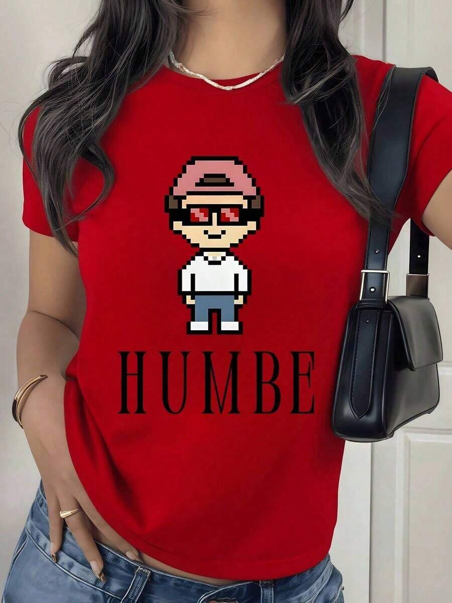 100% Cotton. Pixelated Figure With Red Glasses And Pink Cap Evoking A Retro Digital Style Full Of Positive Energy. Women's T-Shirt, 100% Soft And Comfortable Cotton For Everyday Wear. Women's Simple Solid Color T-Shirt, Loose And Slim Fit Casual Short Sleeve - 紅色的 - 查看 1