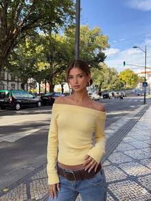 Soft Ribbed Off Shoulder Long Sleeve Knitted Crop Top, Pastel Yellow Slim Fitting Short Sweater For Women Street Fashion - Yellow - View 5