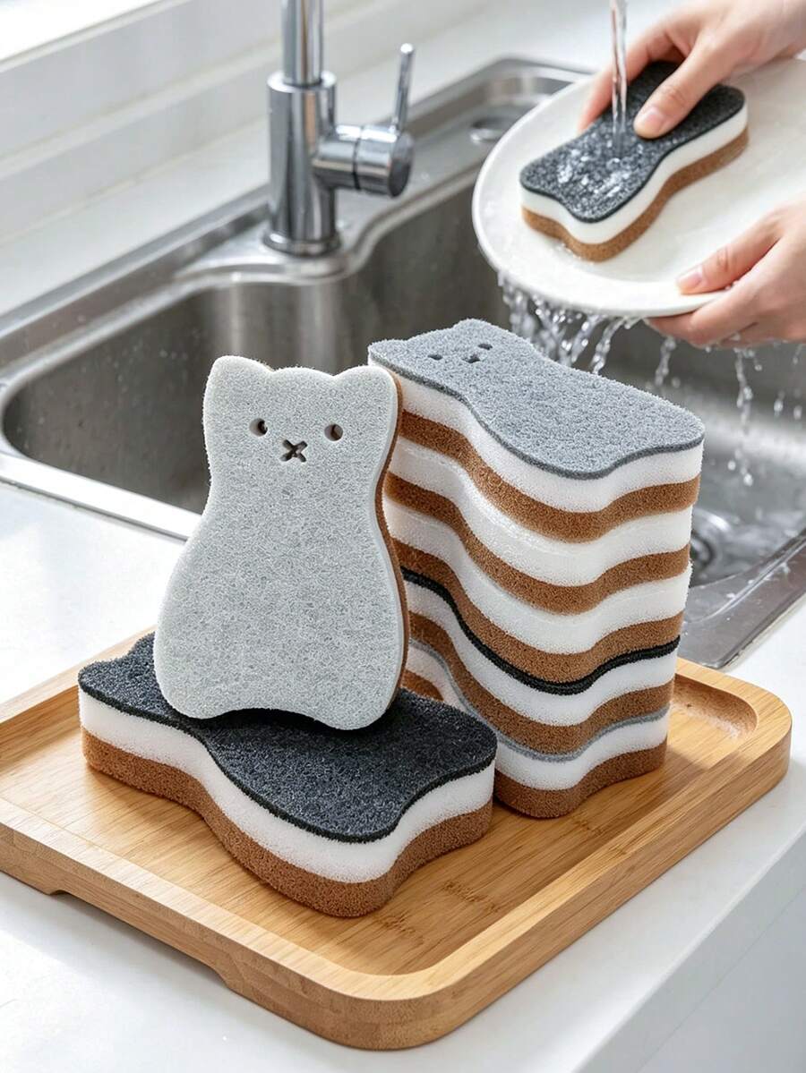 8pcs-Double-Sided Thick Dishwashing Sponges, Kitchen Cleaning Sponges, Cat-Shaped, Dishwashing And Cleaning Tools, Kitchen Accessories, Dedicated For Pots And Tableware, Suitable For Kitchen Cleaning, Dishes, Pots