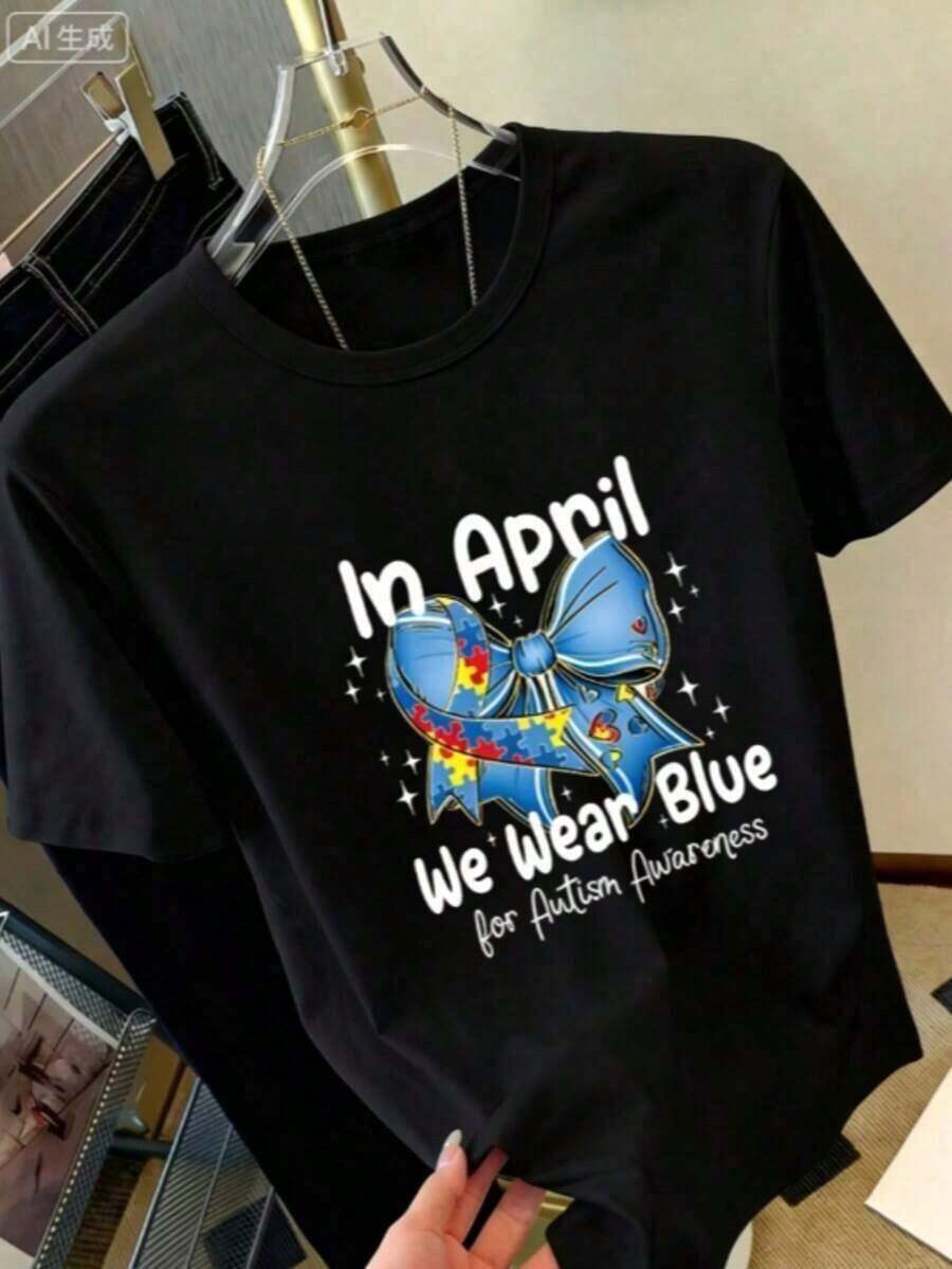 Fashionable Women's T-Shirt With A Blue Bow Print And Puzzle Pattern Promoting Autism Awareness. Unique Design, Casual Print For Everyday Wear, Round Neck, Short Sleeves, Sporty Style, Comfortable Women's T-Shirt, New, Loose And Versatile. Casual Blouse, Women's Basic Tops, Women's Cotton T-Shirts, Oversized Women's Shirt. - 黑色 - 查看 1