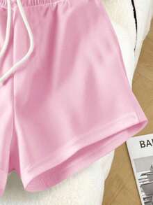 Conjunto casual diario de top de manga corta de cuello redondo de unicolor y shorts con cordón en la cintura para mujer - Rosa - Ver 3