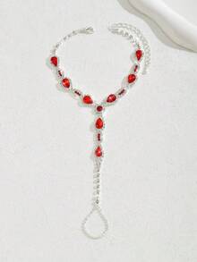 1pc Rhinestone Barefoot Sandal Foot Chain, Crystal Water Drop Connected Toe Anklet, Copper Material Foot Jewelry, Suitable For Bride Wedding, Beach Party - Red - View 2