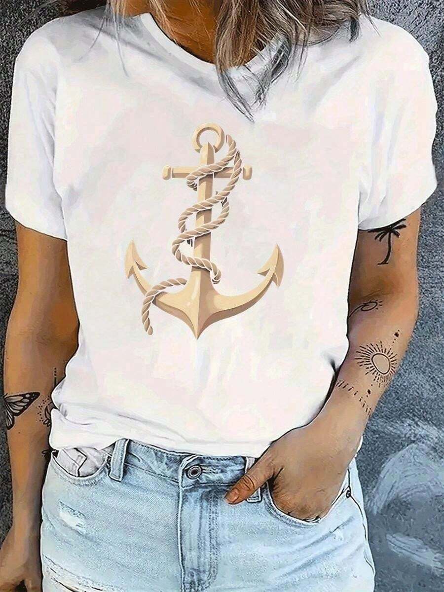 2026 New Cotton Shirt - 100% Cotton. One-Piece Classic And Versatile Short-Sleeved Cotton T-Shirt With A Marine Anchor Design For Women, Suitable For All Seasons, Modern Style. Simple Solid Color Women's T-Shirt, Loose And Fitted Cut, Casual Short-Sleeved. - 白色的 - 查看 1