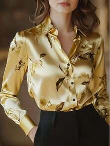 1 Piece Of Long-Sleeved Button-Down Shirt With Floral Print, Suitable For Dates, Holidays, Birthdays, Parties, Travel, Spring/Autumn Vacation. - 淺金色 - 查看 6