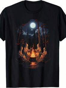 2026 Oversized Men's T-ShirtsVintage Ghost And Skeleton By Fire Camping Gothic Halloween T-Shirt,Suitable As A Christmas Gift For Autumn And Winter TT3B Men's T-Shirt - 白色 - 查看 5