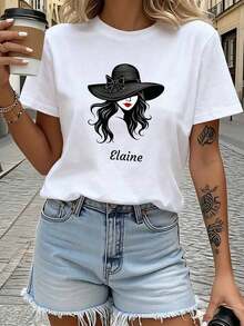 Women's Wide Brim Hat And T-Shirt Set - Elaine Elegant Casual Outfit - Wide Brim Hat, Comfortable Machine Washable Blouse For Casual Wear And Special Events - 白色 - 查看 1
