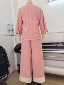 Women's Linen Set, V-Neck Short Sleeve Blouse + Wide Leg Pants, Multiple Colors Available, Spring/Summer Casual Wear - Pink - View 3