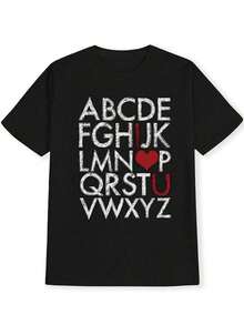 Women's Black T-Shirt - Alphabet Chart ABCDEFGHIJKLMNOPQRSTUVWXYZ With Red Heart Detail - Casual Everyday And Valentine's Day Outfits - Machine Washable T-Shirt - Comfortable Fit For All Seasons, Cute T-Shirts, Fun Design T-Shirt, Classic Crew Neck, Relaxed Fit, Stylish Top, Easy Care, Short Sleeve T-Shirt, Women's Blouses > Clothing - 黑色 - 查看 4