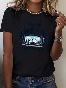 Women's Away Ski T-Shirt - Casual Short-Sleeved Solid Color T-Shirt With Away Ski Theme Design, Comfortable Fit, Suitable For Ski Resorts, Winter And Everyday Wear. - 黑色 - 查看 7