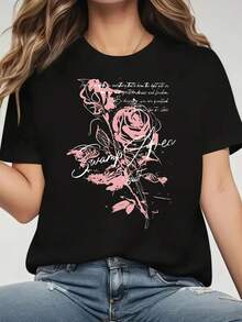 Women's Short-Sleeved T-Shirt With Rose Print And Underwear Area Print, Casual Black Round Neck T-Shirt, Elastic, Machine Washable, Suitable For Sports And Leisure In Spring/Summer/Autumn. - 黑色 - 查看 1