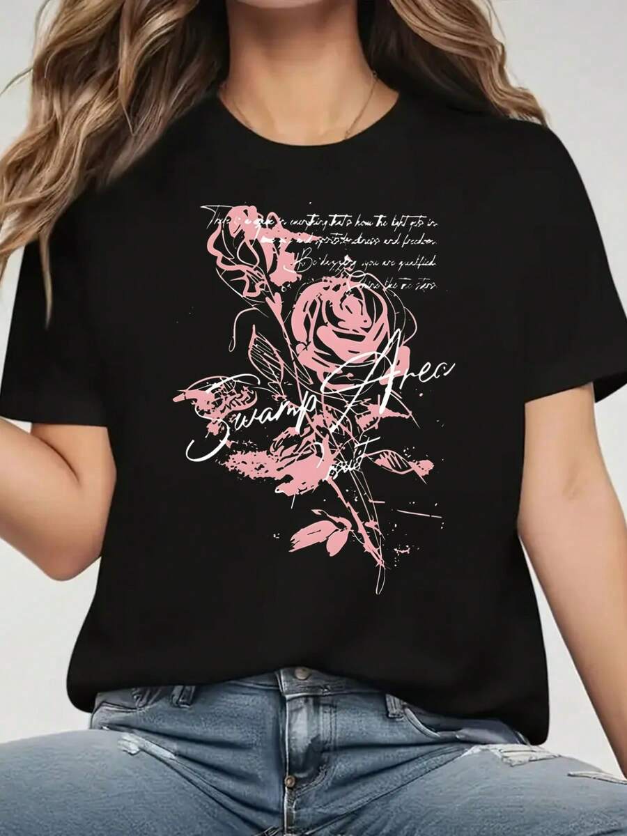 Women's Short-Sleeved T-Shirt With Rose Print And Underwear Area Print, Casual Black Round Neck T-Shirt, Elastic, Machine Washable, Suitable For Sports And Leisure In Spring/Summer/Autumn. - 黑色 - 查看 1