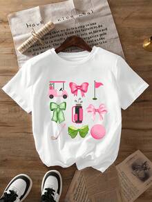 Camiseta de Verano Premium Estampada para Mujer - Camiseta de Golf con Estampado de Dibujos Animados para Mujer - Top Casual de Verano de Manga Corta con Cuello Redondo, Corte Regular, Tejido de Punto, Peso 180 gramos. - Rojo - Ver 11