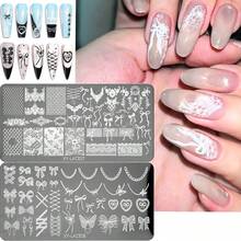 1 pezzo Piastre per stencil per unghie con fiocco da ballerina francese - Disegno in pizzo e farfalla consumata, Modelli per timbro unghie riutilizzabili in acciaio inossidabile per manicure - Multicolore - Visualizzare 4