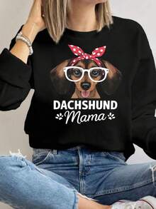 MSUCC|Women's Basic T-Shirt With Round Neck, Print, American Style, Modern And Youthful Design, Suitable For All Seasons And Everyday Wear, With Soft Fabric|Women's Sweatshirts With Dachshund Print And Polka Dot Bow - 黑色 - 查看 1