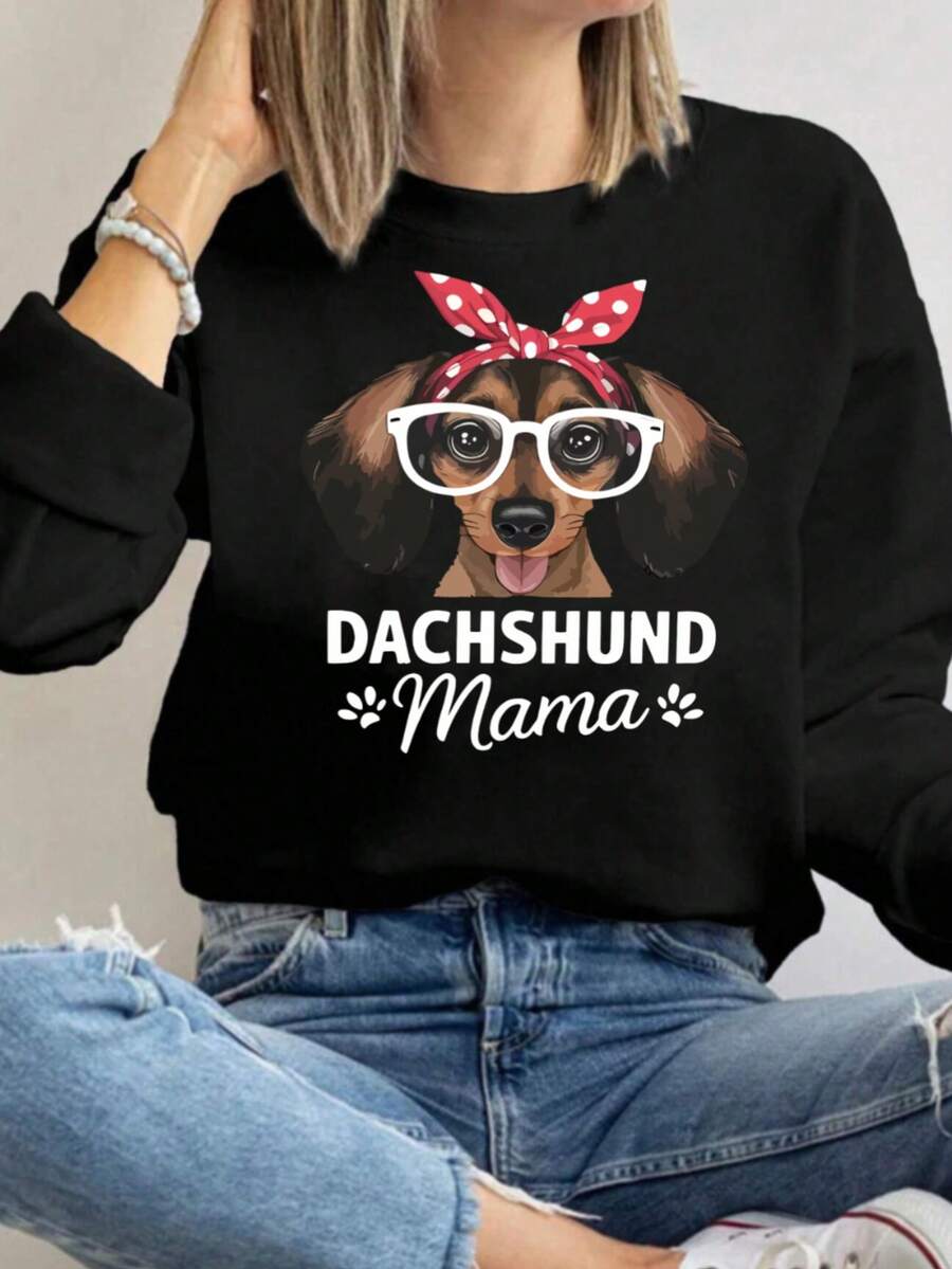 MSUCC|Women's Basic T-Shirt With Round Neck, Print, American Style, Modern And Youthful Design, Suitable For All Seasons And Everyday Wear, With Soft Fabric|Women's Sweatshirts With Dachshund Print And Polka Dot Bow - 黑色 - 查看 1