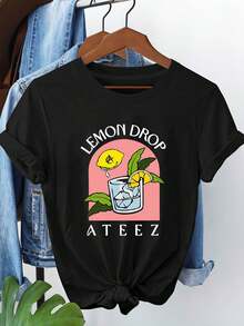 [ Graphic T-Shirt] LEMON DROP  Graphic Print T-Shirt - Women's Casual Short Sleeve Crew Neck T-Shirt - Spring And Summer Clothing. Women's Casual Printed T-Shirt, Short Sleeve Crew Neck, Spring/Summer Local Urban Fashion. - 黑色 - 查看 6