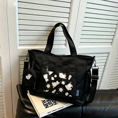 Miniso Bộ 2 túi tote đa năng cỡ lớn in hình Pochacco của Sanrio, màu đen, kèm ví đựng tiền xu có thể tháo rời, có thể mang theo nhiều cách, lý tưởng cho công việc, du lịch, mua sắm và sử dụng hàng ngày.