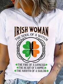 IRISH WOMAN, THE SOUL OF A WITCH Letter Print T-Shirt, Short Sleeves, Round Neck, Casual Top For Summer And Spring, Women's Clothing. Women's Casual Printed T-Shirt, Short Sleeves And Round Neck, Local Urban Spring/Summer Fashion. - 白色 - 查看 7