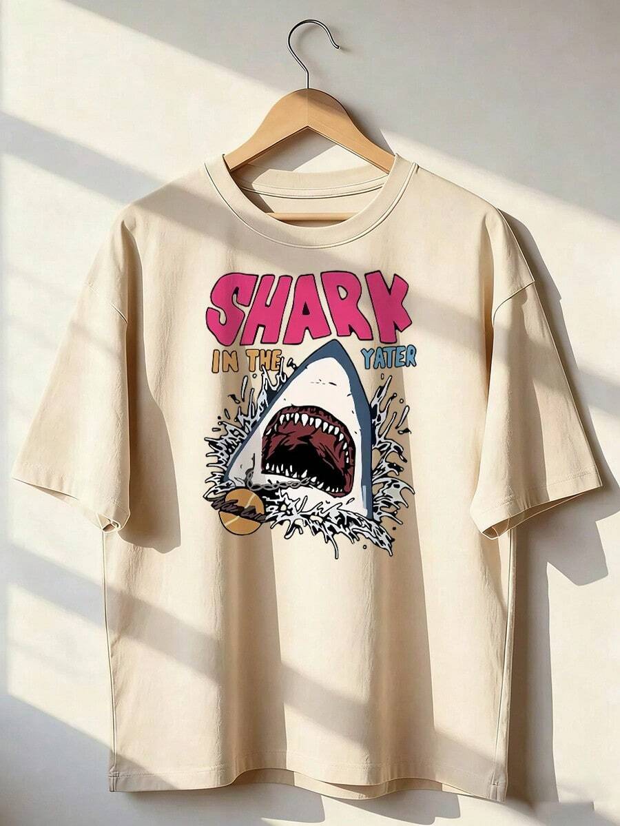 Shark T-Shirt With "Shark In The Water" Text. Short-Sleeved T-Shirt For Spring/Summer 2026, Made In Mexico, 180 Grams. Cartoon Print, Couple Design, Suitable For Indoor Or Outdoor Wear. Crew Neck, Unisex, Ideal For The Office And Leisure. One-Pack. - APR-P631577SLNDXZGY624 - 查看 1