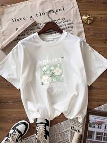 Floral T-Shirt With The Text "MEMORY".  Short-Sleeved T-Shirt For Spring And Summer 2026, Made In Mexico, 180 Grams. Cartoon Print, Couple Design, Suitable For Indoor Or Outdoor Wear. Crew Neck, Unisex, Ideal For The Office And Leisure. One-Pack. - WH-P631577SLNDXZGY582 - 查看 4