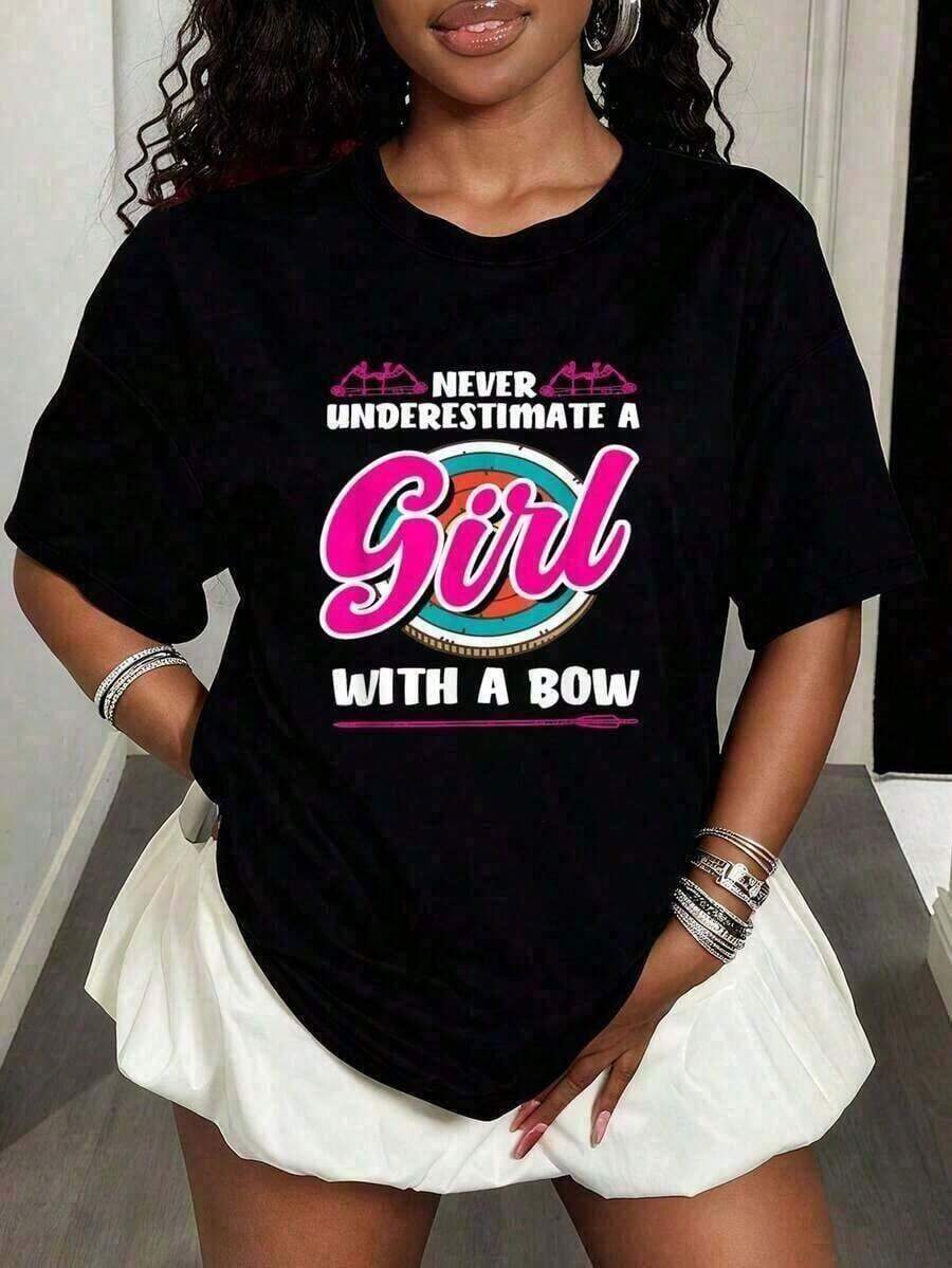 PremiumCasualWo Women's Short Sleeve Cotton Casual T-Shirt With Round Neck And Bow And Arrow Graphic Print, Regular Fit, Basic Cotton Crew Neck T-Shirt, Gift Idea - 黑色 - 查看 1