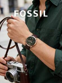 Fossil 男士圆形石英表，橄榄绿旭日纹表盘，玫瑰金罗马数字时标，3个小表盘，日期显示窗，暖玫瑰金合金表壳，棕色皮表带，成熟绅士秋季风格男士礼物 - 咖啡色 - 查看 2