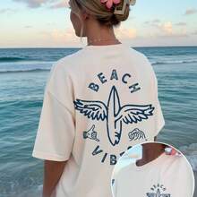 New 2026 Collection: Women's Cotton T-Shirt, American Vintage Style, Beach Relaxation, 100% Cotton, Loose Fit, Short Sleeve, Double Wing Print, Surfboard And Shaka Wave On The Front And Back, Breathable, Summer Beach Vacation Top With Letter Pattern, Adult Women's Short Sleeve T-Shirt, Breathable Fabric, For Back To School Season, Suitable For Outdoor Activities, Gift, Short Sleeve T-Shirt. - 白色 - 查看 9
