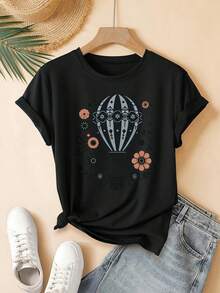 Women's T-Shirt, New Summer Collection 2025, With Hot Air Balloon Floral Print, Beautiful, Elegant, Fashionable, Casual, Korean Style Clothing, T-Shirt For Spring And Summer. - 黑色 - 查看 1