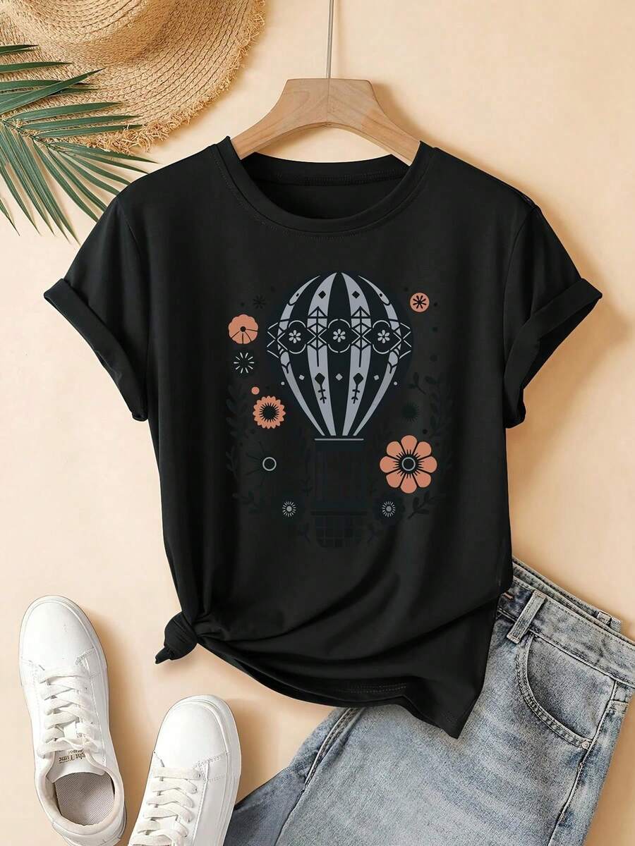 Women's T-Shirt, New Summer Collection 2025, With Hot Air Balloon Floral Print, Beautiful, Elegant, Fashionable, Casual, Korean Style Clothing, T-Shirt For Spring And Summer. - 黑色 - 查看 1