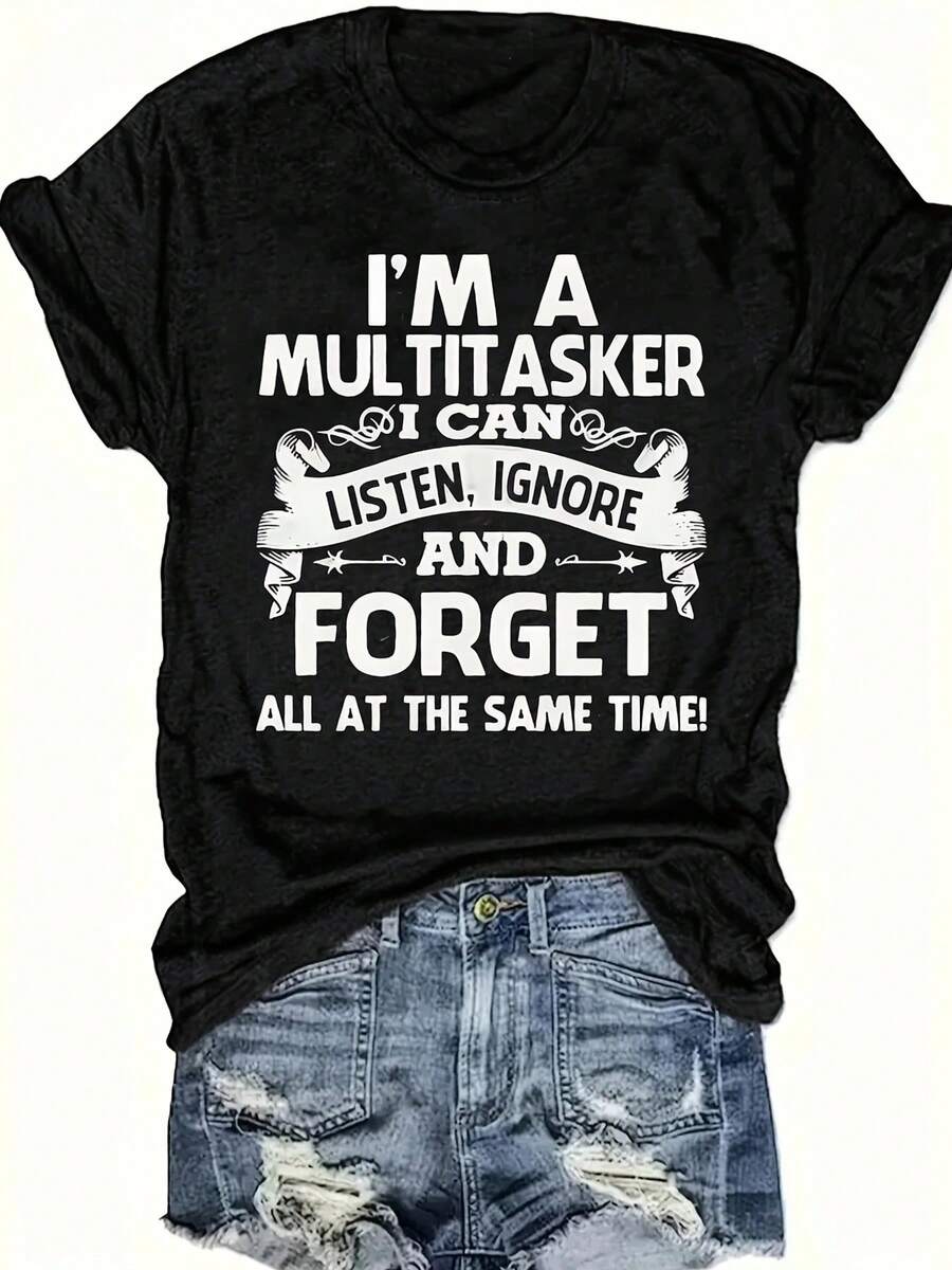 Camiseta de manga corta estampada para mujer - Negro - Ver 1