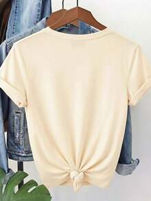 Women's Casual Spring/Summer T-Shirt From The Mexico National Soccer Team, With Round Neck And Short Sleeves, Printed With White Letters And A Guitar And Denim Design, Made Of Breathable And Machine Washable Fabric, Suitable For All Seasons, Comfortable, Loose Fit And Plus Size, Short Sleeve Summer T-Shirt. - 杏色 - 查看 2