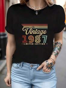 1pc Camisetas Para Mujer Camiseta Vintage 1987 Edición Limitada y2k para el estilo único y retro, perfecta para los amantes de la moda, destaca por su diseño colorido y moderno, ideal para cualquier ocasión, agrega un toque especial a tu guardarropa y resalta tu personalidad. Camiseta De Manga Corta De Algodón - Negro - Ver 1