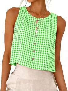 Ladies' Summer Fashionable Round Neck Sleeveless Top, Versatile Classic Double-Sided Checkered Shirt 2026 Top, Suitable For Daily Casual Wear - Màu xanh Bạc hà - Xem 7