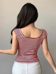 Camiseta de mujer de manga corta ajustada y sin espalda con lazo, para el verano - Burdeos 2 - Ver 2