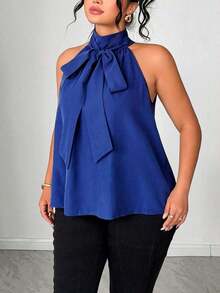 Blusa de mujer talla grande con cuello alto y lazo, elegante para uso al aire libre - Azul marino - Ver 6
