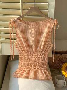 Blusa casual de mujer de algodón a cuadros naranja con tirantes tejidos y cordón en la cintura, blusa a cuadros naranja de verano, adecuada para el Día de San Valentín, el Carnaval, la playa, las vacaciones, el uso casual, la calle, la univers - Naranja - Ver 4