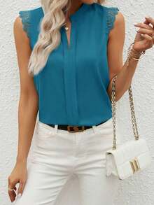 Clasi Camisa de mujer sin mangas de unicolor con cuello en V elegante y parche de encaje, verano - Agua verde azul - Ver 4