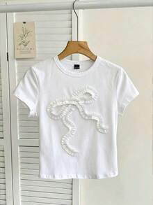 Camiseta ajustada de mujer con cuello de pico, manga raglán y patrón minimalista, 95% algodón, color caqui - Multicolor 3 - Ver 5