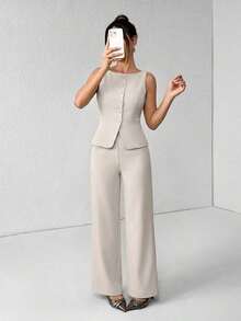 PETITE Conjunto de chaleco y pantalones de un solo pecho de unicolor con cuello redondo, elegante traje de oficina para mujer, ropa de mujer de verano y otoño, conjunto de oficina, ropa casual de negocios, conjunto de dos piezas, ropa de oficina de otoño para mujer, conjunto de blazers para mujer - Albaricoque - Ver 1