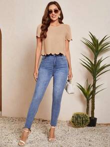 Blusa con mangas abullonadas, recorte ondulado y escote en la espalda, Blusas de manga corta - Camel - Ver 3