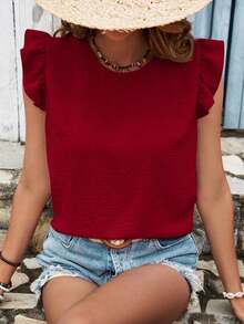 Frenchy Blusa de verano para mujer con volantes y cruce de tirantes en la espalda en color liso - Rosa Roja - Ver 5