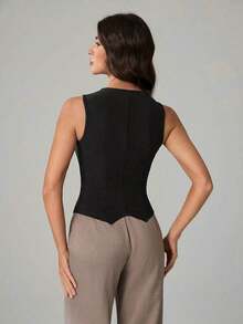 Tall Cárdigan casual de mujer de unicolor con cuello en V y sin mangas - Negro - Ver 2